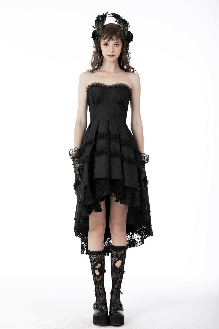 Black Sleeveless Lace-Up Women's Gothic Lace Multi-Layered High/Low Slip Wedding Graduation Dress - Product - 5