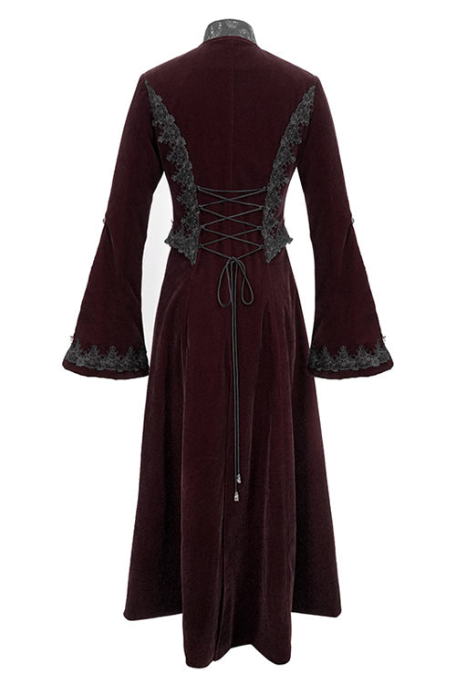 Red Lace Flared Sleeves Velvet Long Womens Gothic Coat - Product - 6