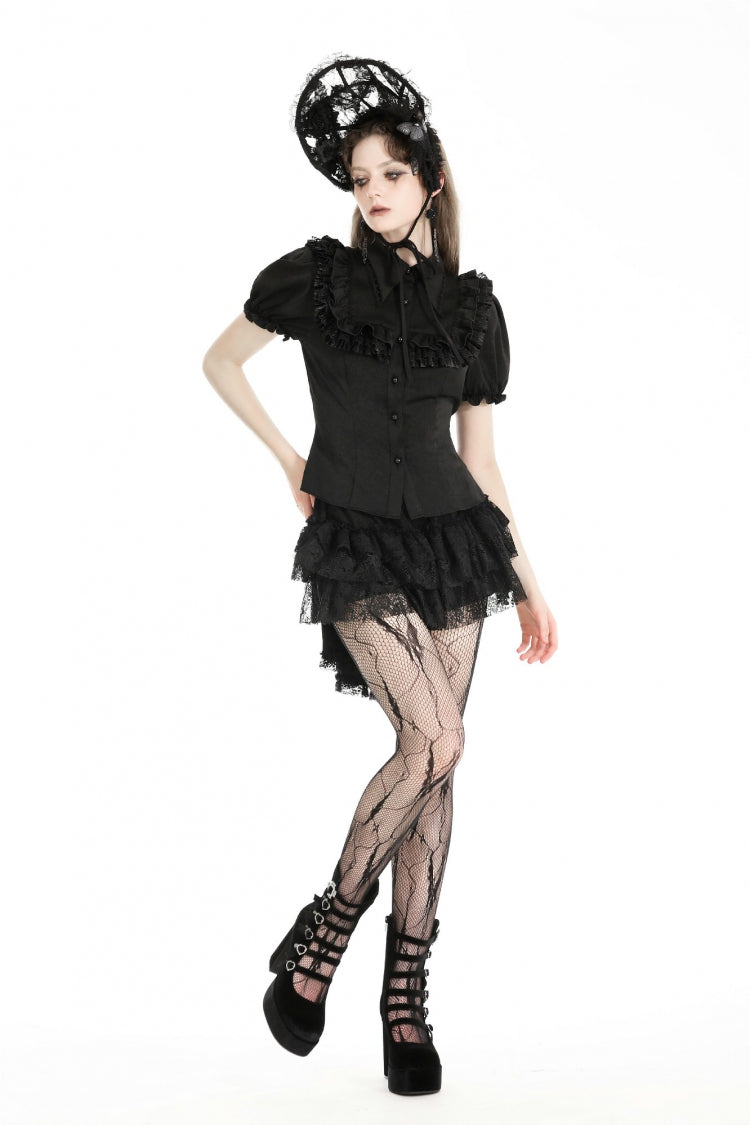 Black Point Collar Short Puff Sleeves Ruffled Women's Gothic Blouse - Product - 7