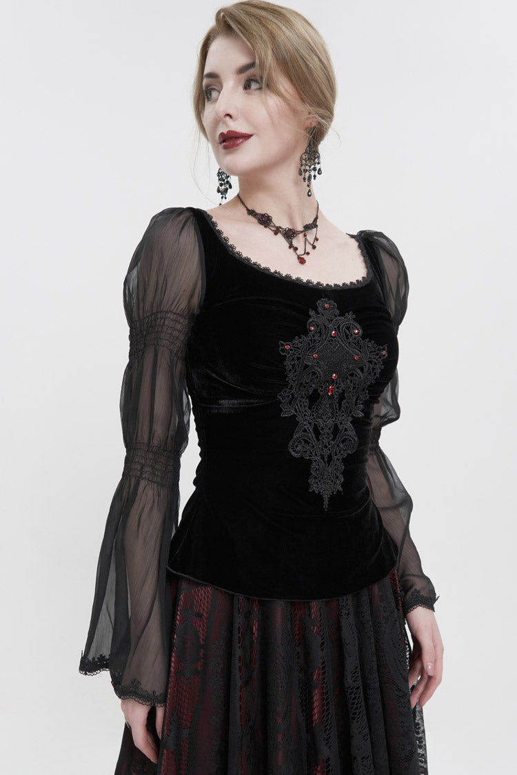 Black Velvet Paneled Chiffon Long Sleeves Chest Applique With Blood Red Diamonds Women's Gothic T-Shirt - Product - 2