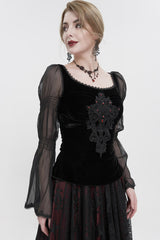 Black Velvet Paneled Chiffon Long Sleeves Chest Applique With Blood Red Diamonds Women's Gothic T-Shirt - Product - 2
