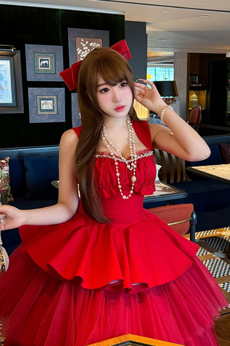 Red [Romantic Rose] Square Collar Sleeveless Ruffled Classic Ballet Lolita Dress - Product - 8