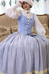 Light Blue [Bashu Girl] Long Puff Sleeves Print Lace-Up Fishbone Corset Sweet Lolita Skirt Dress Three-Piece Set - Product - 9