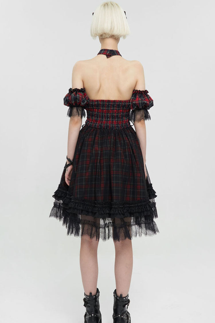 Black/Red Punk Off The Shoulder Plaid Chinese Style Cheongsam Collar Oversized Hem Women's Dress - Product - 7