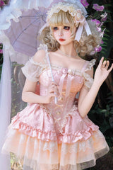 Pink [Fleeting Light and Shallow Dream] Sleeveless Multi-Layered Ruffle Bowknot Lace Slim Sweet Ballet Lolita Jsk Dress - Pink - 1