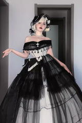 Black/White Ruffle Hanayome Lace Lace-Up Gothic Plus Size Lolita Jsk Dress (Long Version) - Product - 3