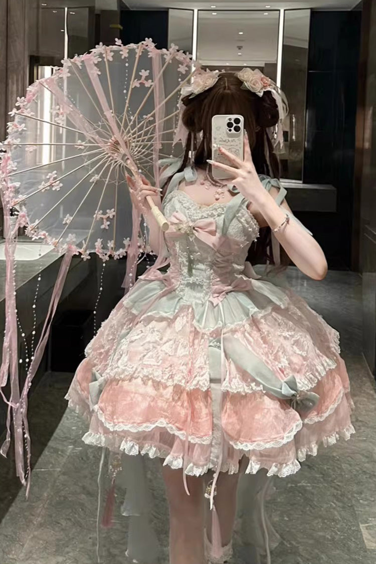Pink/Green [Summer Lotus Breeze] Sleeveless Double-Layered Ruffled Bow Lace-Up Sweet Chinese Style Ballet Lolita Jsk Dress - Product - 2
