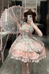 Pink/Green [Summer Lotus Breeze] Sleeveless Double-Layered Ruffled Bow Lace-Up Sweet Chinese Style Ballet Lolita Jsk Dress - Product - 2