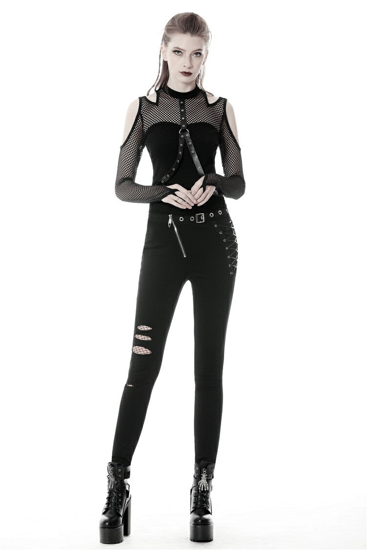 Black Off Shoulder Long Sleeves Mesh Crossed Harness Straps Eyelet Sexy Women's Punk Top - Black - 1
