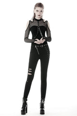 Black Off Shoulder Long Sleeves Mesh Crossed Harness Straps Eyelet Sexy Women's Punk Top - Black - 1