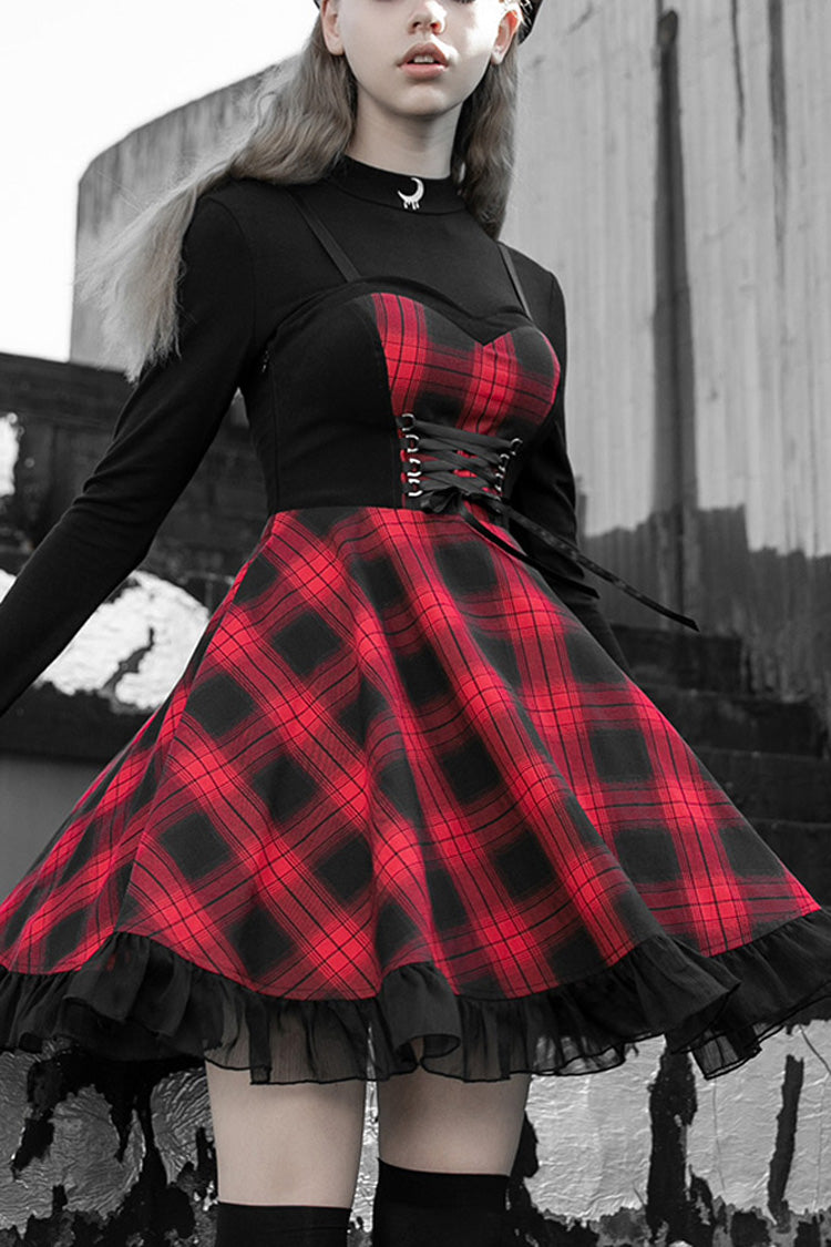 Lattice Plaid Stitching Binding Women's Steam Punk Strap Dress - Red - 1