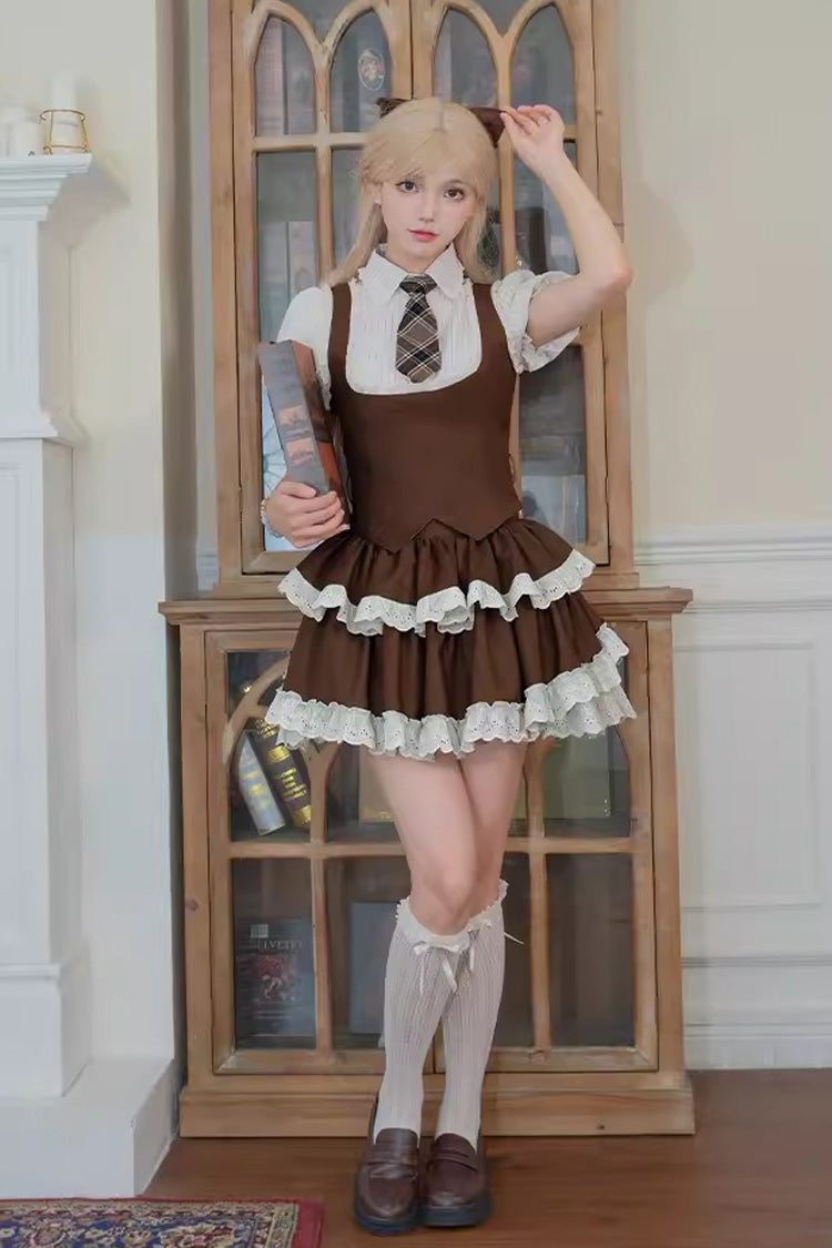 Brown Coco Love Letter Double-Layered Ruffle Lace Sweet College Style Lolita Skirt Set - Brown - 1