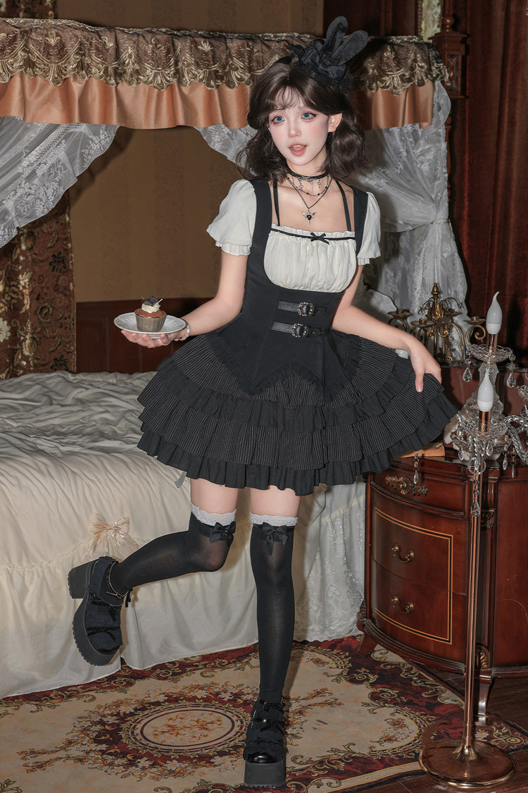 [Silent Summer] Square Collar Halterneck Short Sleeves Multi-Layered Printed Ruffled Classic Cool Lolita Dress Set (Black/Blue 2 Colors) - Product - 17