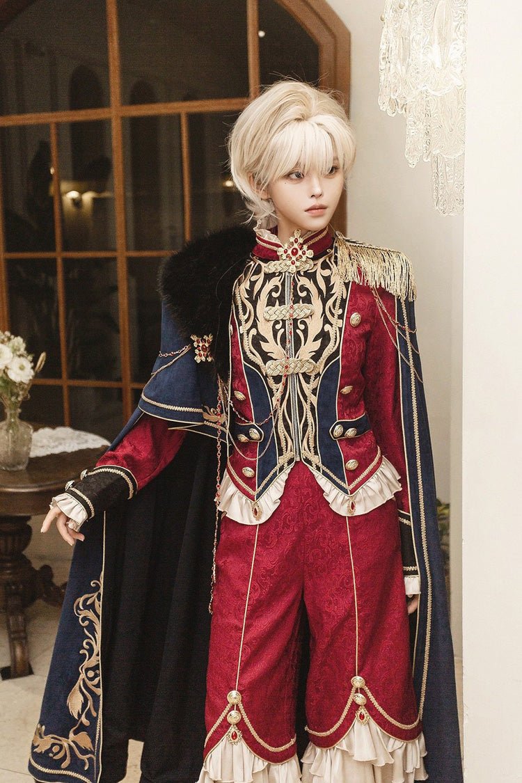 Red/Blue [Royal Glory] Stand Collar Long Sleeves Ruffled Embroidered Gothic Vintage Prince Palace Ouji Lolita Set - Product - 7