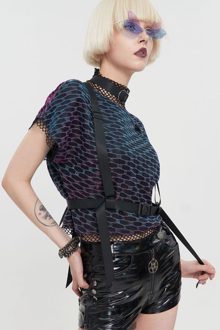 Multi-Color Punk Mesh Fabric Adjustable Strap Collar Round Neck Short Sleeve Women's T-Shirt - Product - 2