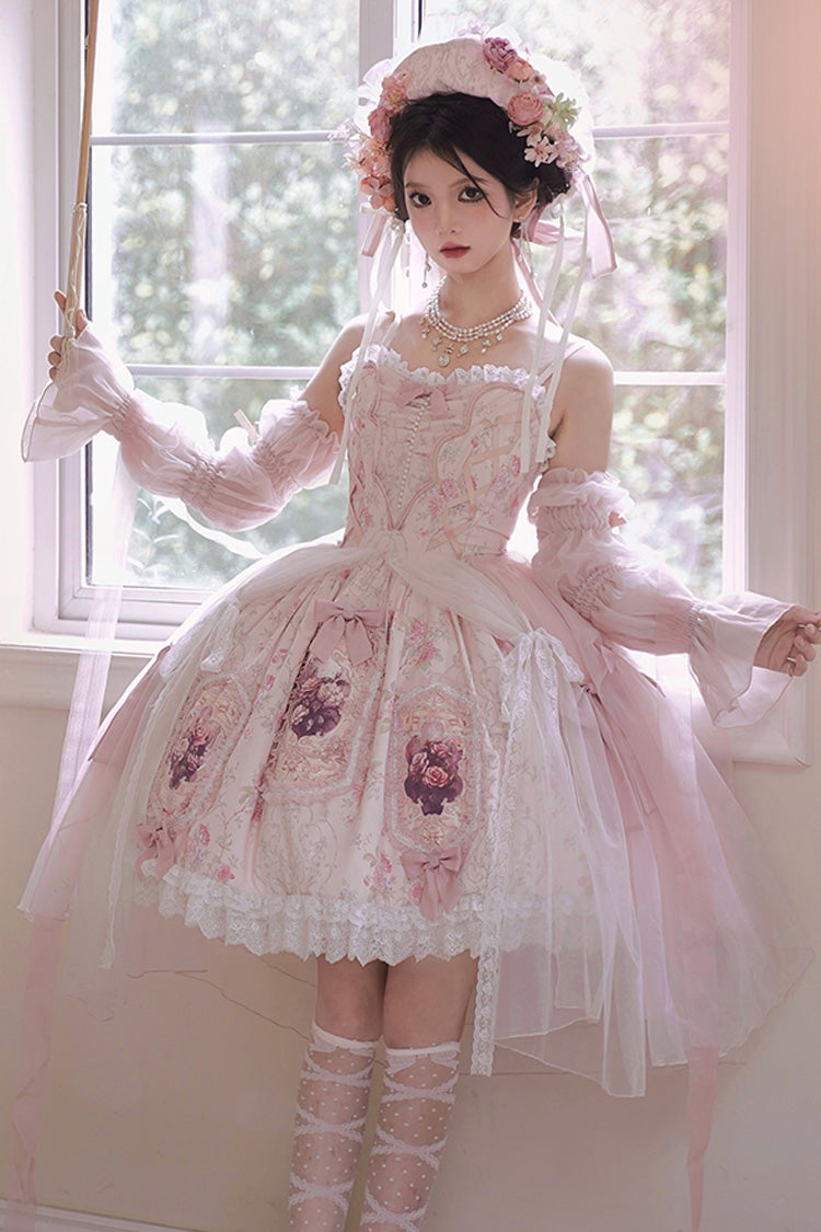 Pink [Rose Window] Print Ruffle Bowknot Lace Sweet Elegant Princess Lolita Jsk Dress - Product - 3