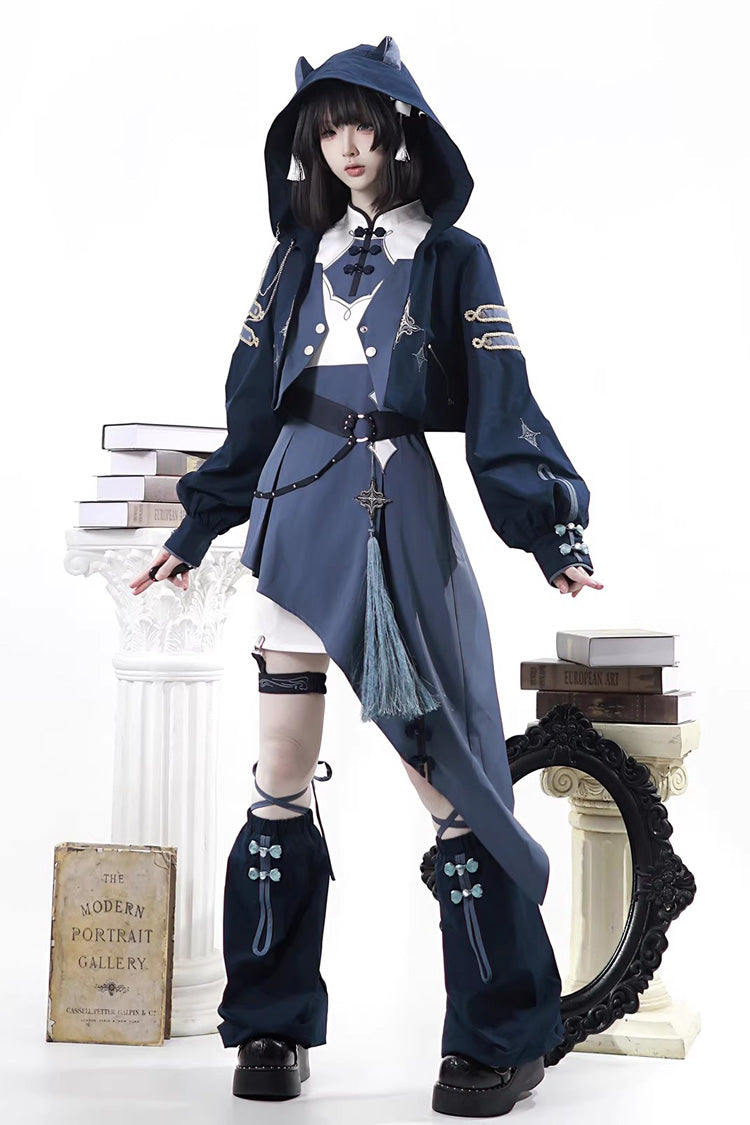 Blue [Indigo Shadow Journey] Stand Collar Long Sleeves Embroidered Hooded Asymmetric Punk Ouji Lolita Dress Four-Piece Set - Blue(Set) - 1