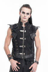 Black Stand Collar Sleeveless Rivets Chain Rings Men's Gothic Vest - Product - 6