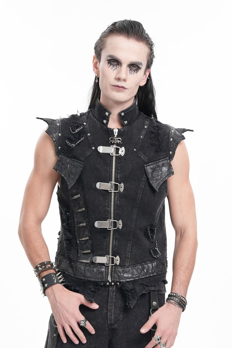 Black Stand Collar Sleeveless Rivets Chain Rings Men's Gothic Vest - Product - 6