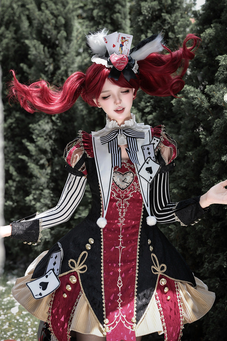Black/Red [Circus Fantasy Night] Stand Collar Long Sleeves Jacquard Bow Gothic Lolita Dress Set - Product - 5