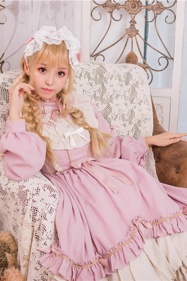 Pink Long Sleeves Ruffle Bowknot Daily Sweet Princess Lolita Dress - Product - 12
