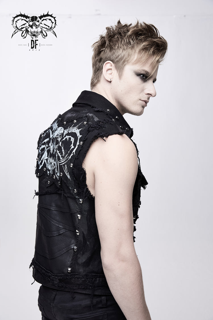 Black Heavy Metal Rivet Back Printed Coarse Twill Worn Out Men's Punk Waistcoat - Product - 4