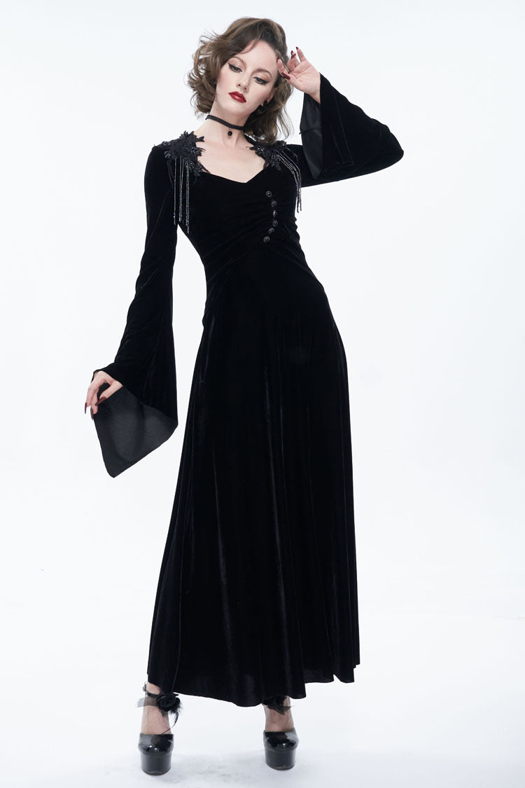 Black Embroidered Fringe Flared Sleeve Women's Gothic Dress - Product - 2