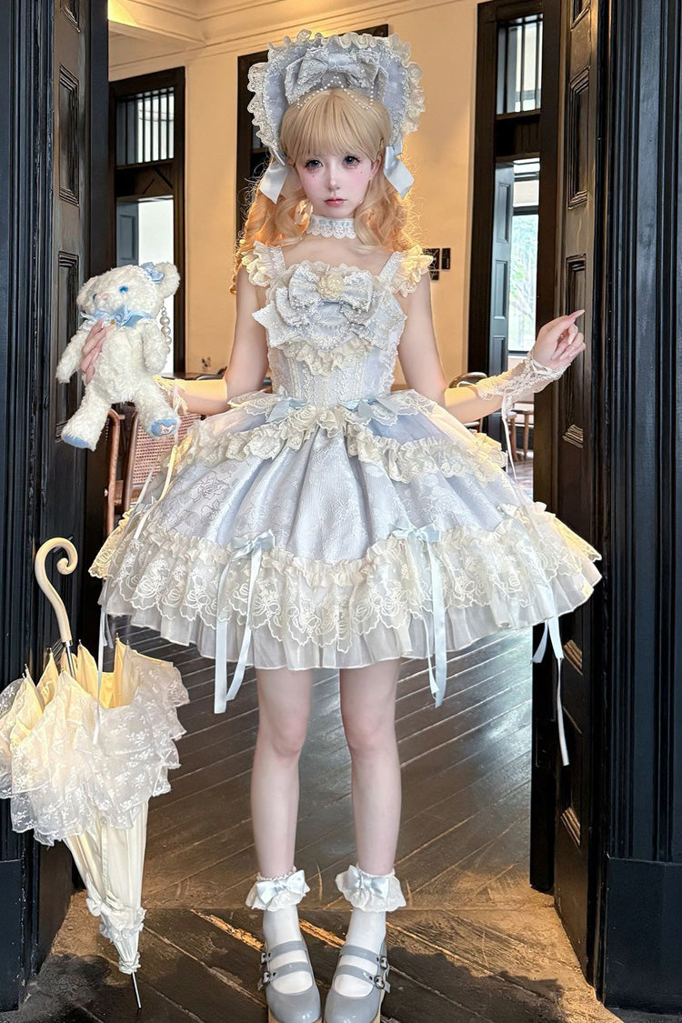 Blue [Blossoming Heart Love ] Sleeveless Dark Jacquard Print Bowknot Lace Sweet Lolita Jsk Dress - Product - 4