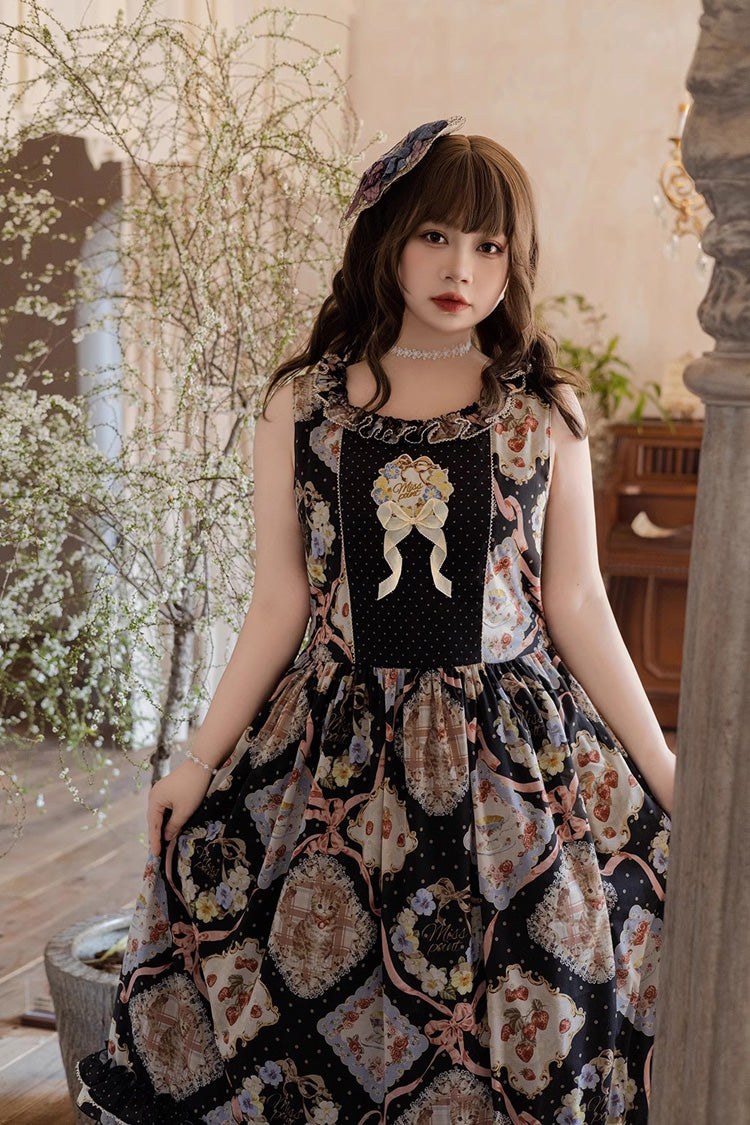 Cat Rose Tea Sleeveless Print Ruffle Bowknot Sweet Lolita Jumper Dress 3 Colors - Product - 13