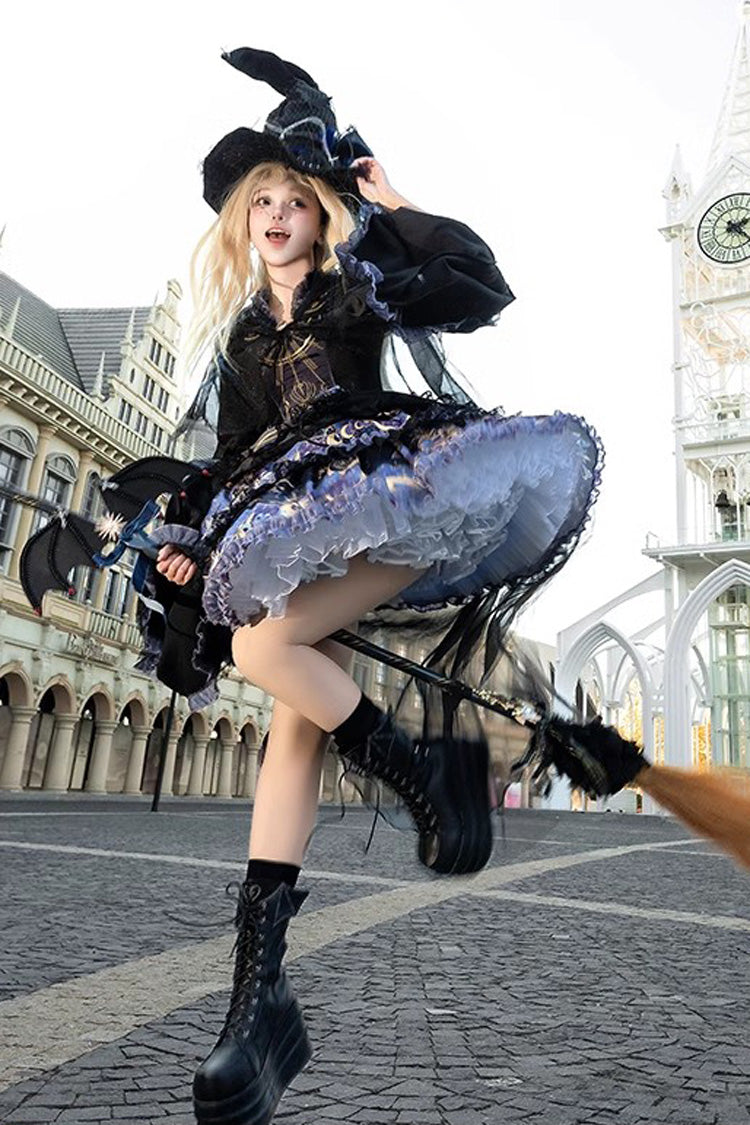 Black [Astrology Cat] Long Sleeves Double-Layered Print Ruffle Lace Gothic Lolita Dress - Product - 4
