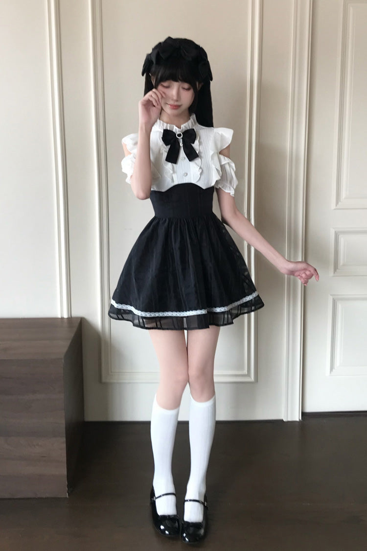 Black/White [Moonlit Poem] Stand Collar Off Shoulder Short Sleeves High Waisted Ruffled Bow Lace Sweet Princess Lolita Dress - Product - 5