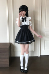 Black/White [Moonlit Poem] Stand Collar Off Shoulder Short Sleeves High Waisted Ruffled Bow Lace Sweet Princess Lolita Dress - Product - 5