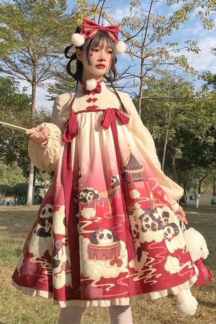 Panda Print Chinese Style Sweet Lolita OP Dress - Product - 4