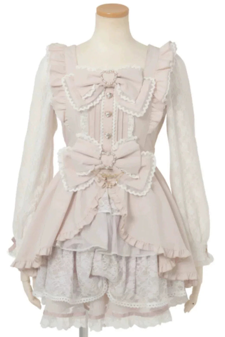 Sweet Jirai Kei Square Collar Short Sleeves Ruffle Bowknot Lace Japanese Dress Set 3 Colors - Pink(Long-Sleeves) - 13