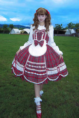 Red [Gingham Petal Bunny] Printed Ruffled Bow Sweet Lolita Jsk Dress - Product - 8