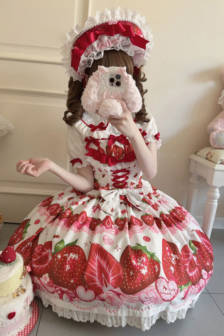 [Sweet Berry Tale] Strawberry Print Ruffle Bowknot Lace Sweet Lolita Jsk Dress 4 Colors - Product - 13