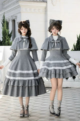 Grey [Letters and Poems · Old Memories] Stand Collar Long Sleeves Double-Layered Ruffled Bow Classic Elegant Lolita Dress 2 Versions - Product - 2