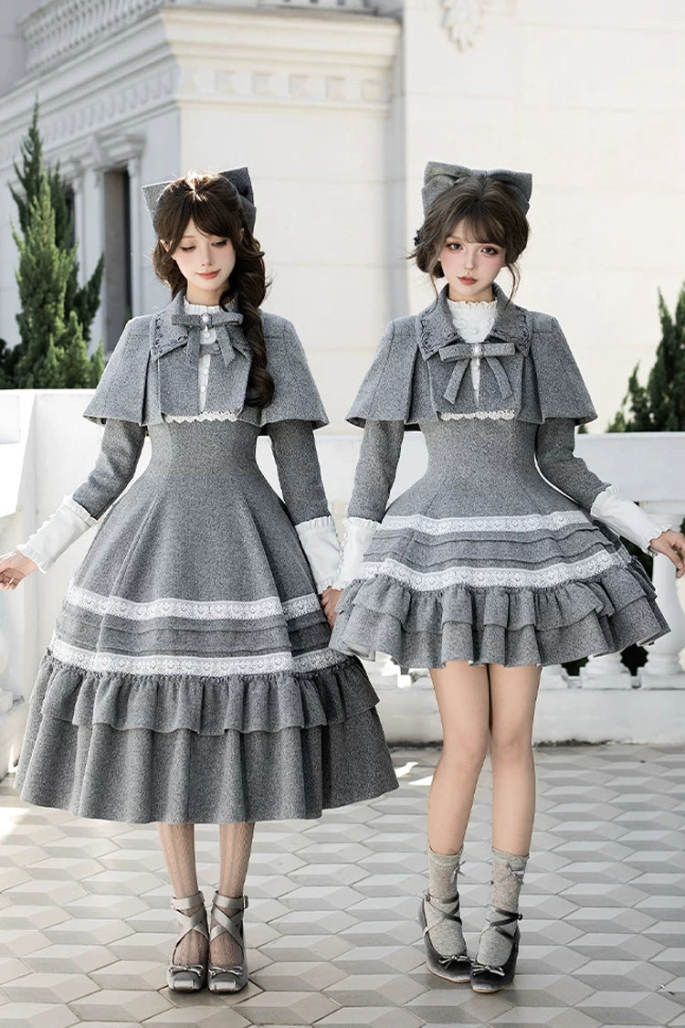 Grey [Letters and Poems · Old Memories] Stand Collar Long Sleeves Double-Layered Ruffled Bow Classic Elegant Lolita Dress 2 Versions - Product - 2