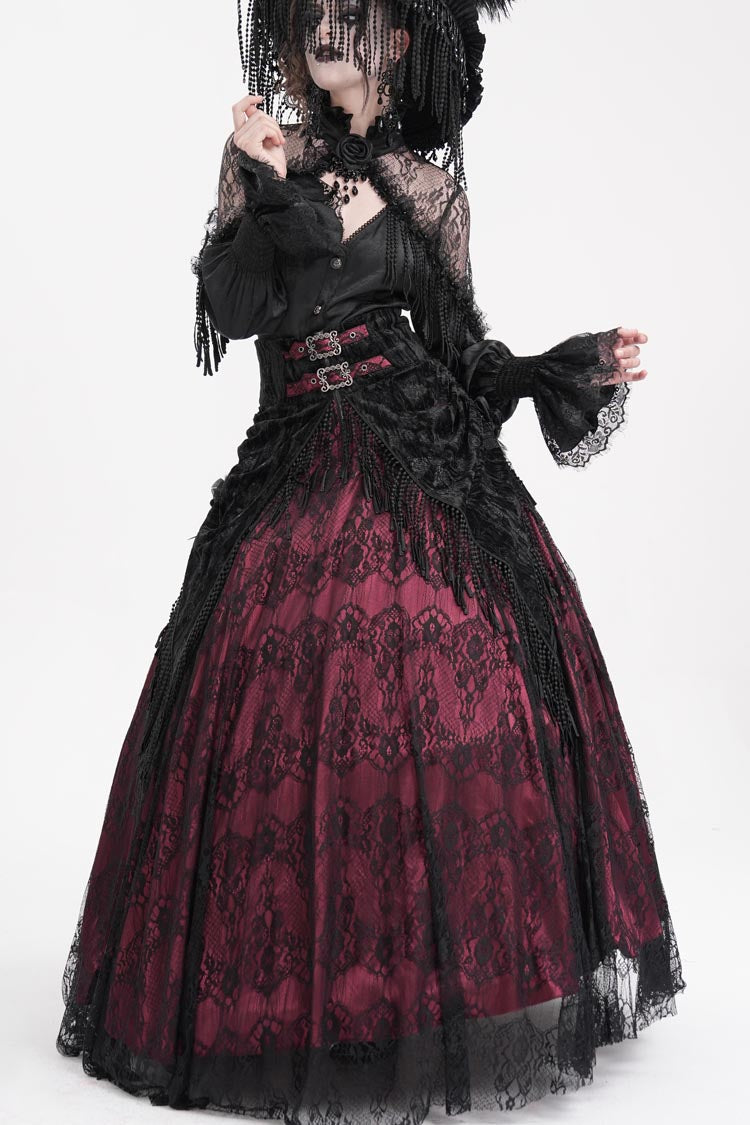 Wine Red Print Embroidery Tassels Buckle-up Lace-Up Women's Gothic Long Skirt - Product - 5