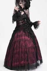 Wine Red Print Embroidery Tassels Buckle-up Lace-Up Women's Gothic Long Skirt - Product - 5