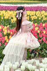 Pink [Tulip Love Song] Boat Neck Double-Layered Ruffle Bowknot Lace Lace-Up Romantic Sweet Princess Lolita Dress - Product - 12
