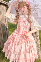 Pink [Miss Pearl] Sleeveless Double-Layered Bowknot Lace Lace-Up Sweet Lolita Jsk Dress - Product - 4