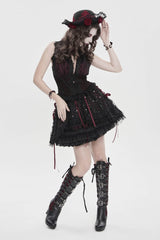 Black/Red Off Shoulder Double-Layered Embroidered Lace Lace-Up Slim Women's Gothic Vest - Product - 8