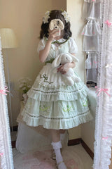 Green Doll Collar Short Sleeves Plaid Print Ruffle Hollow Embroidery Bowknot Sweet Elegant Lolita Dress - Product - 8