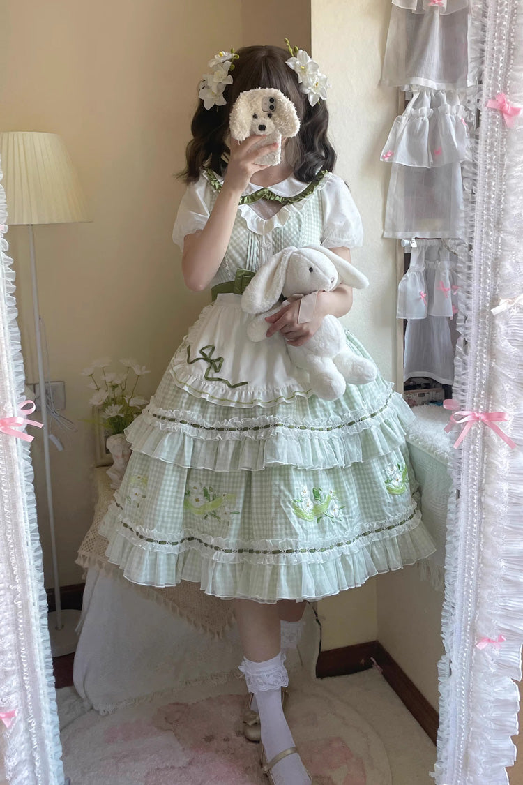 Green Doll Collar Short Sleeves Plaid Print Ruffle Hollow Embroidery Bowknot Sweet Elegant Lolita Dress - Product - 8