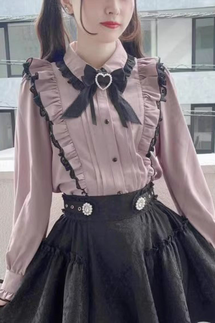 Pink Doll Collar Long Sleeves Bowknot Lace Sweet Jirai Kei Blouse 3 Colors - Pink - 1