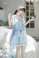 Blue [Clouds Resting in the Wilderness] Print Ruffle Embroidery Bowknot Lace Irregular Lolita Jsk Dress - Product - 3