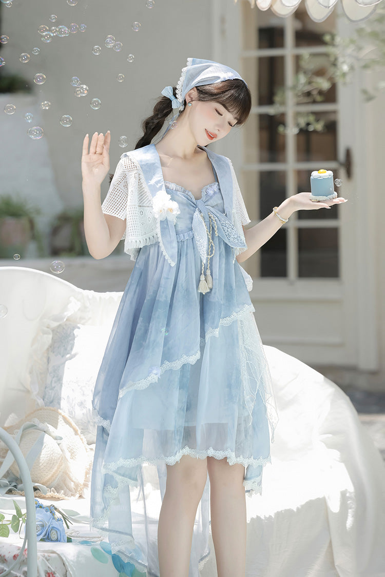 Blue [Clouds Resting in the Wilderness] Print Ruffle Embroidery Bowknot Lace Irregular Lolita Jsk Dress - Product - 3