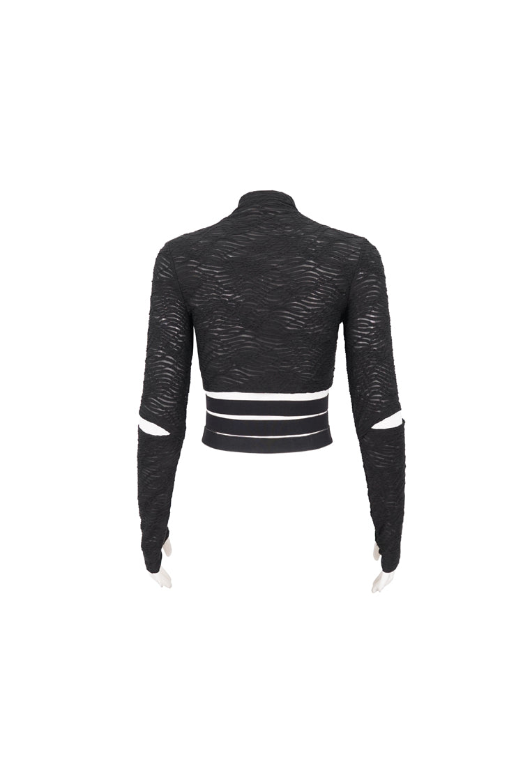 Black Ruched Strap Splice Mesh Long Sleeves Women's Gothic Shirt - Product - 8
