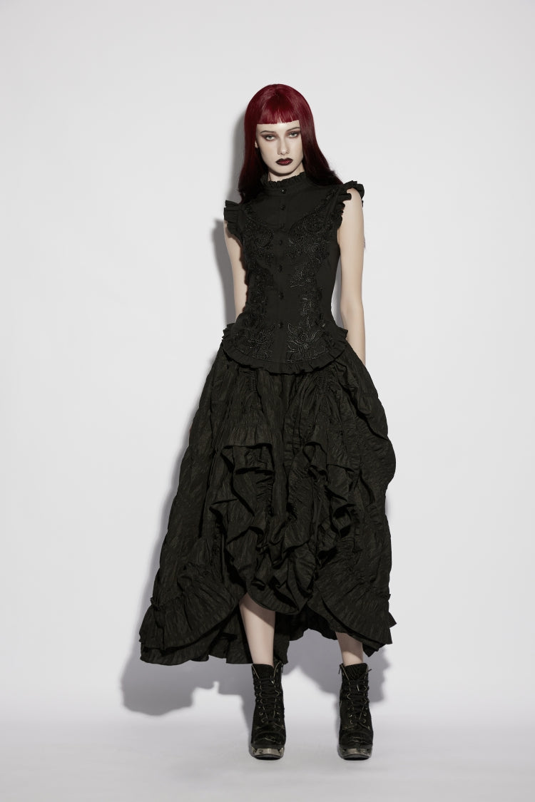 Black Stand Collar Sleeveless Ruffled Embroidered Lace-Up Slim Fit Women's Gothic Elegant Royal Blouse - Product - 7